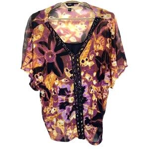 Alfani Women 1X Top Blouse Abstract Floral Sheer Tulip Sleeve Black Under Tank
